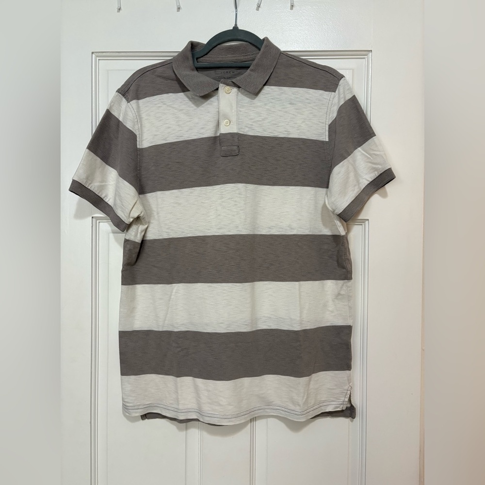 J.Crew Classic Striped Polo Shirt – Men’s Medium – Gray & White